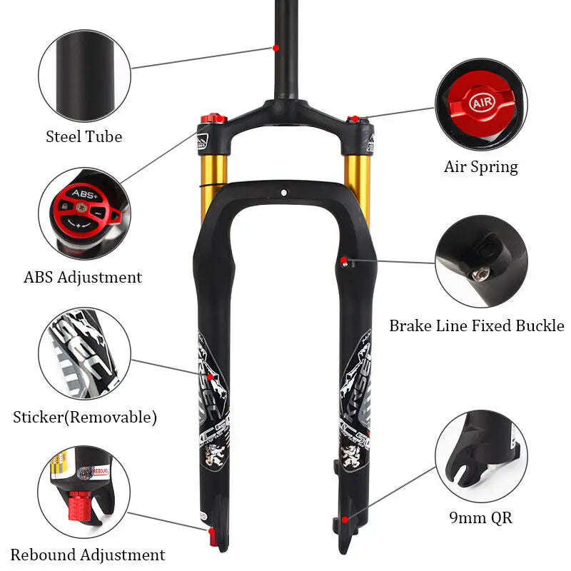 KRSEC 26 Inch MTB Snow Bike Suspension Fork Rebound Adjustment MTB Bike Fat Air Fork 4.0" Tire Mountain Bike Fork 135mm