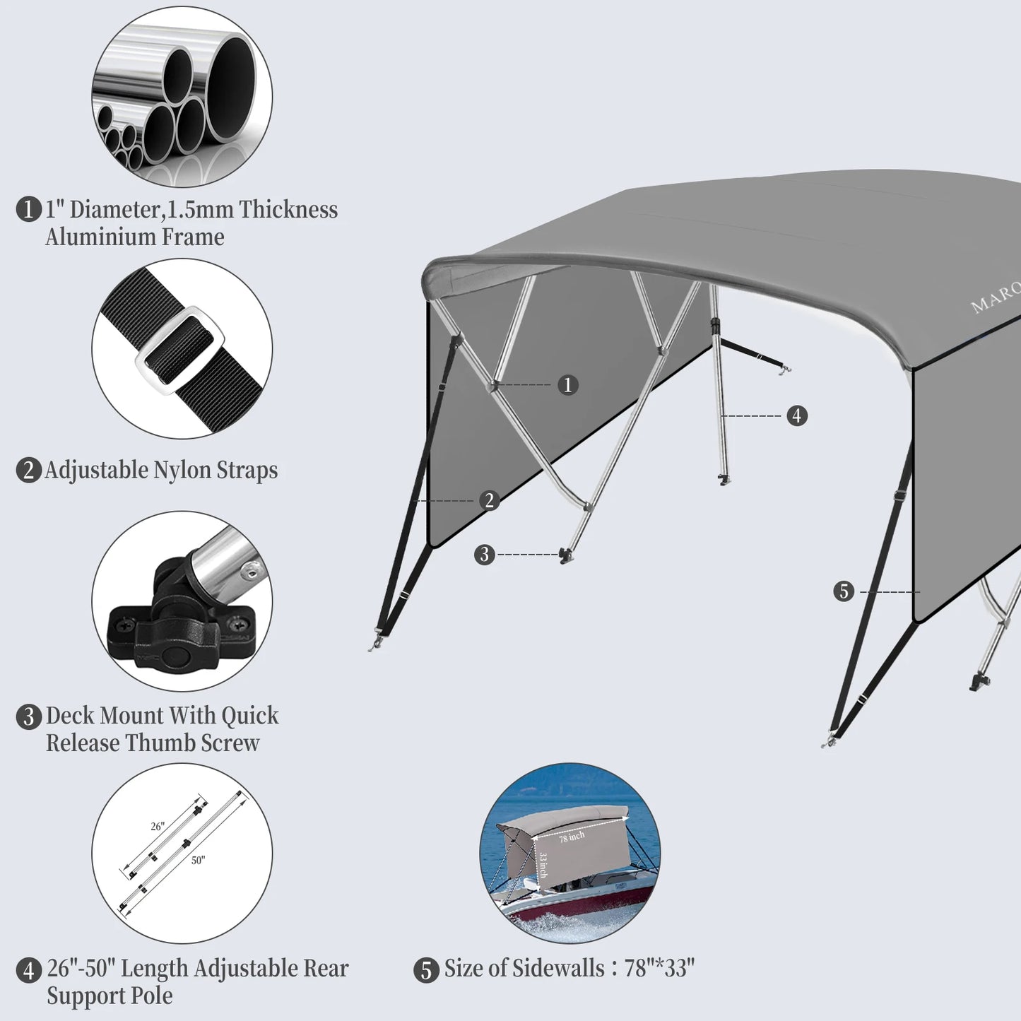 Durable 600D Bimini Top Boat Cover with Aluminum Frame