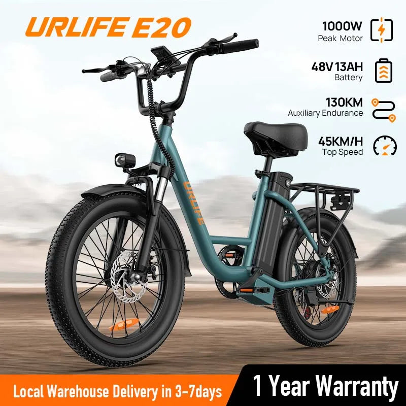 URLIFE 1000W E20 Electric Bike | 48V 13Ah Removable Battery, 20MPH, 20''X3" Fat Tire, 7-Speed E-Bike with Dual Disc Brake