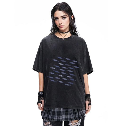 School Of Fish Printed Washed Cotton T Shirt Unisex