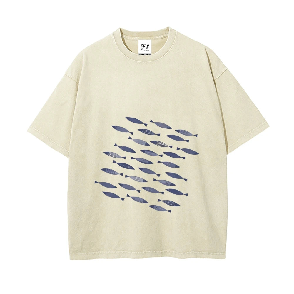 School Of Fish Printed Washed Cotton T Shirt Unisex