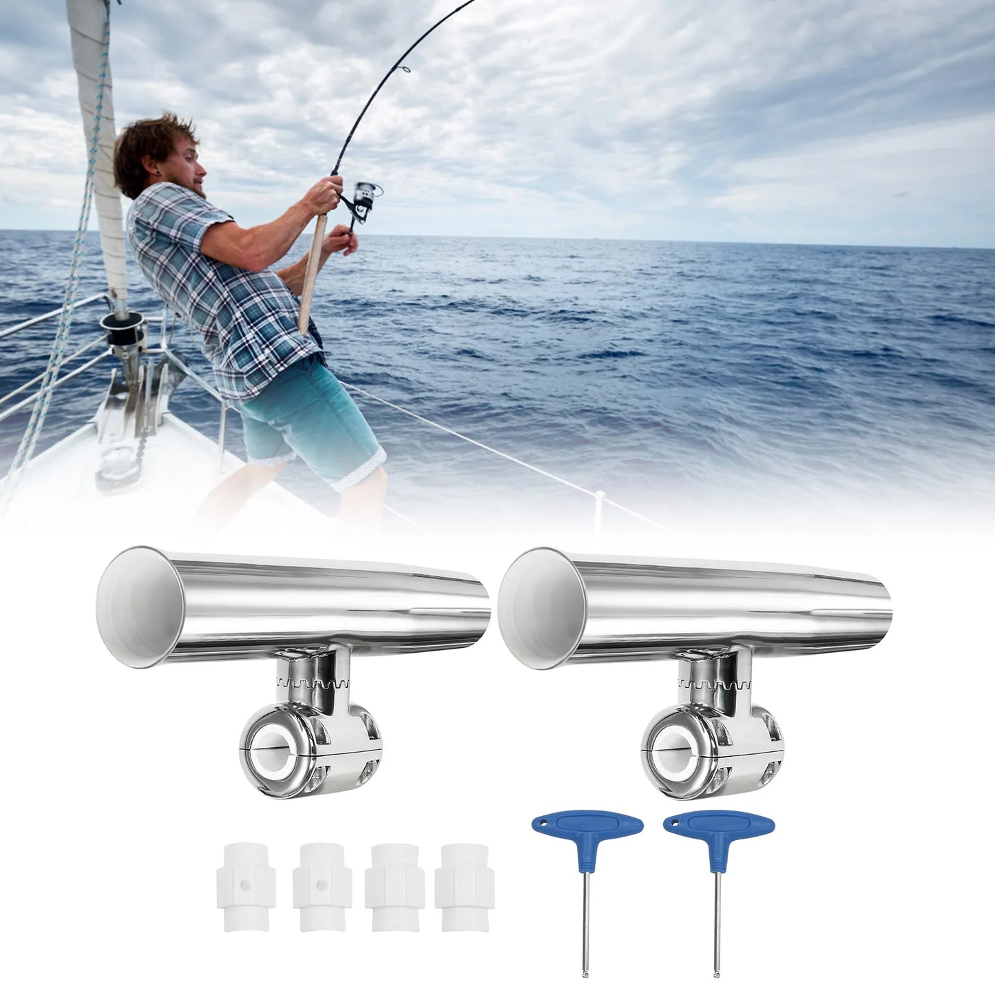 Stainless Steel Fishing Rod Holder 360° Rotating, Dual Mount for 7/8" & 1" Rails 2Pcs Fishing Rod Holders