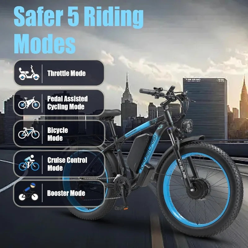 AWD Electric Bike for Adults, Peak 4000W Power 26” Fat Tire Ebike, 34MPH Motor Electric Bicycles, 48V 23AH Removable Batter