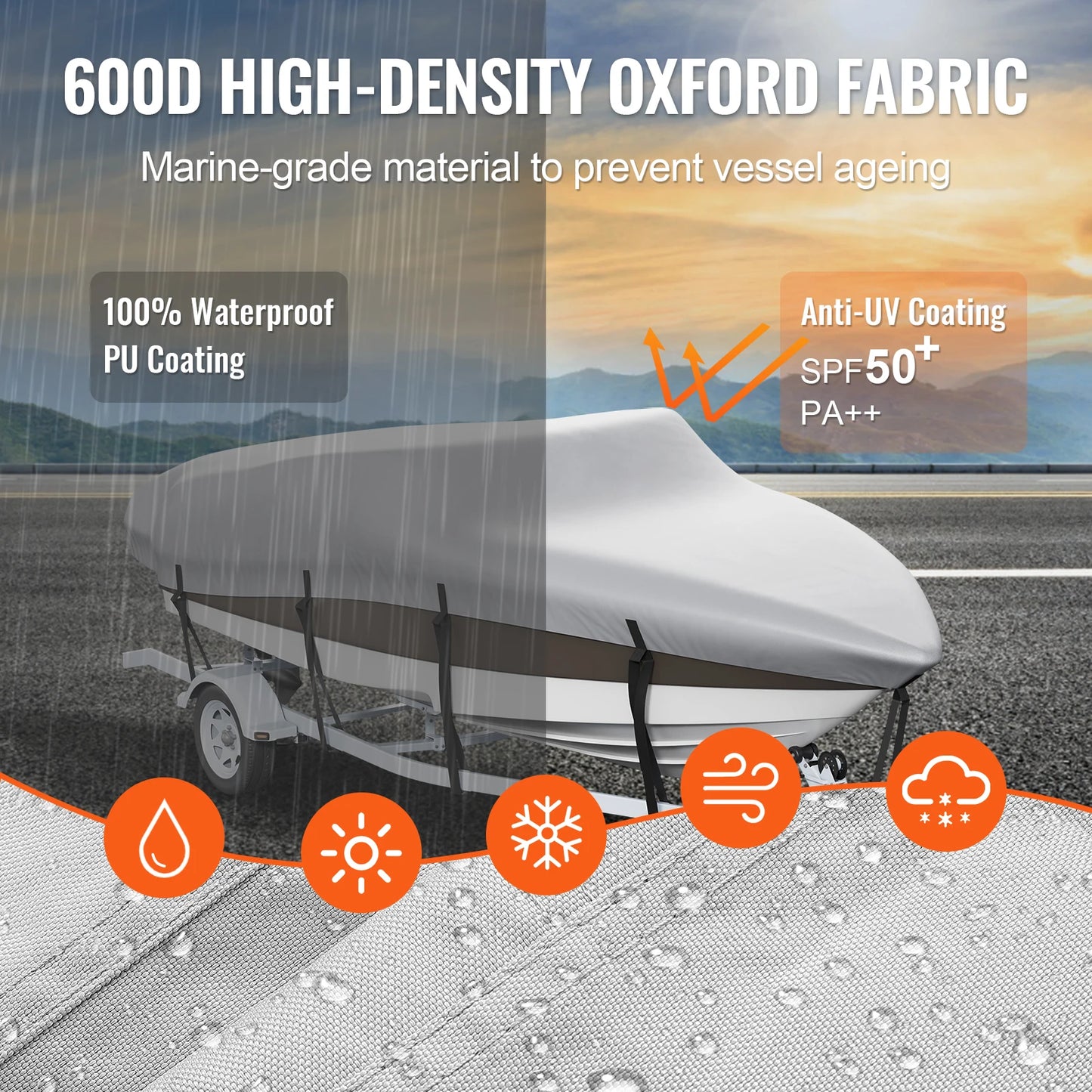 Waterproof Boat Cover with Motor Protection for 16-18.5 ft Boats
