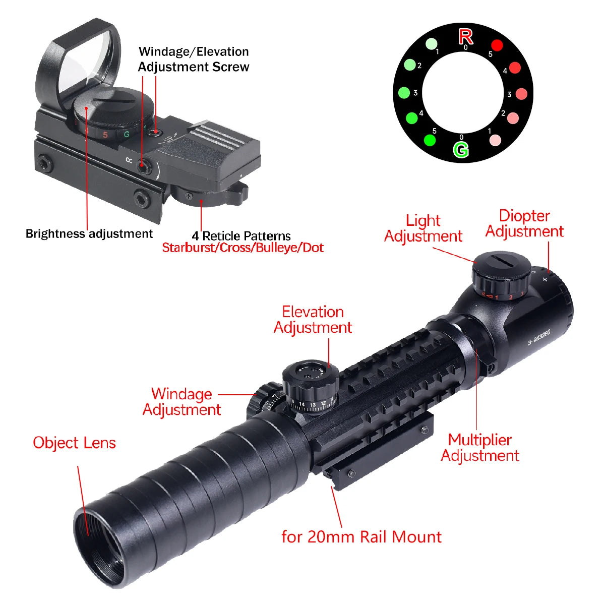 Riflescope Red Dot 3 In 1 With Illuminated Reticles