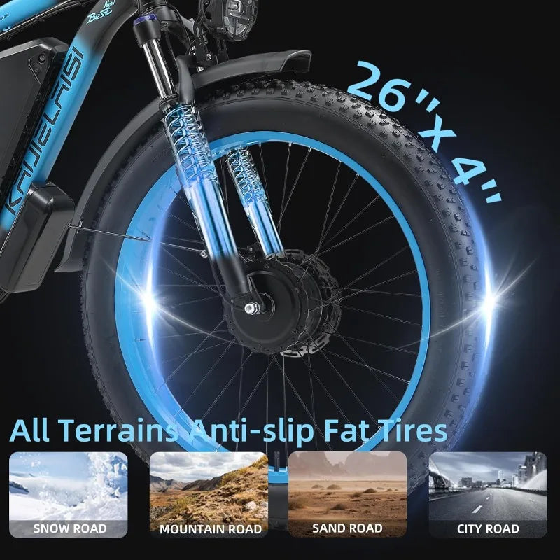 AWD Electric Bike for Adults, Peak 4000W Power 26” Fat Tire Ebike, 34MPH Motor Electric Bicycles, 48V 23AH Removable Batter