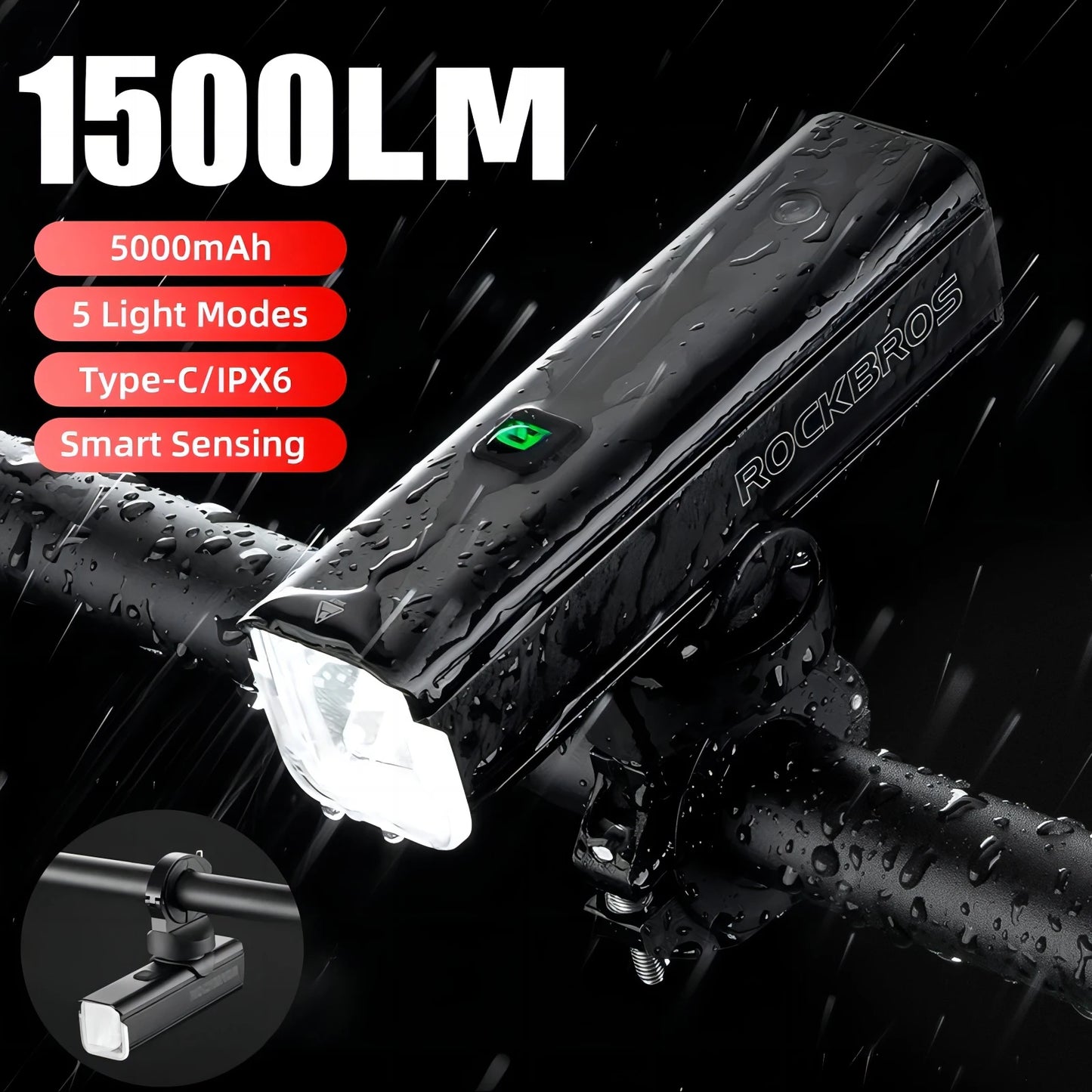 Rockbros 1500LM Rechargeable Bike Light IPX6 Aluminum LED