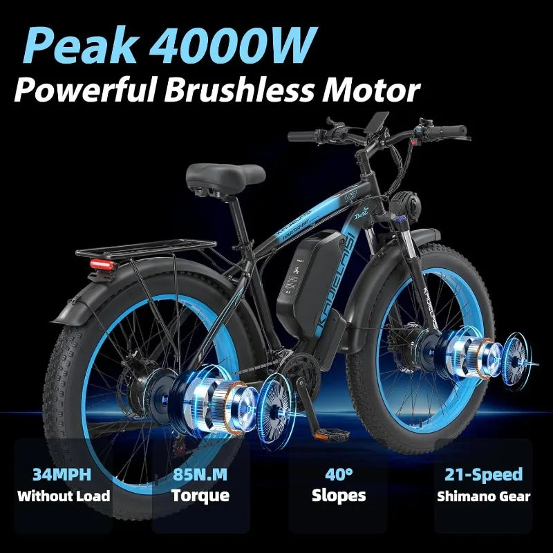AWD Electric Bike for Adults, Peak 4000W Power 26” Fat Tire Ebike, 34MPH Motor Electric Bicycles, 48V 23AH Removable Batter