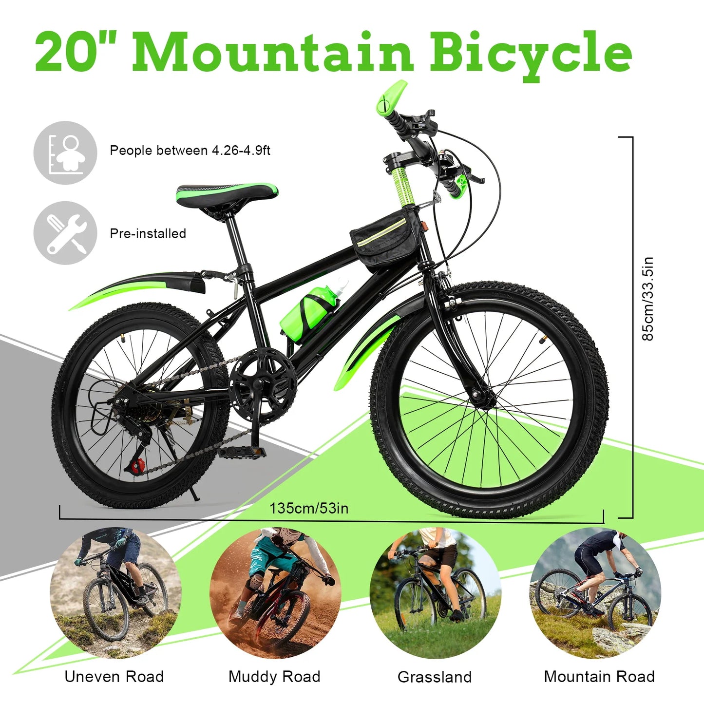 Kids Mountain Bike 20In With Adjustable Height Disc Brake