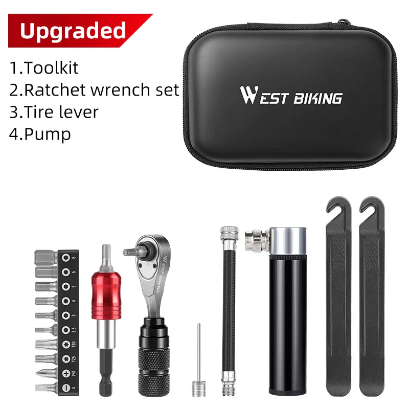 WEST BIKING Professional Bike Tools Portable Ratchet Wrench kit Tire Lever Mini Pump Multifunction Tools Road Bike MTB Accessory