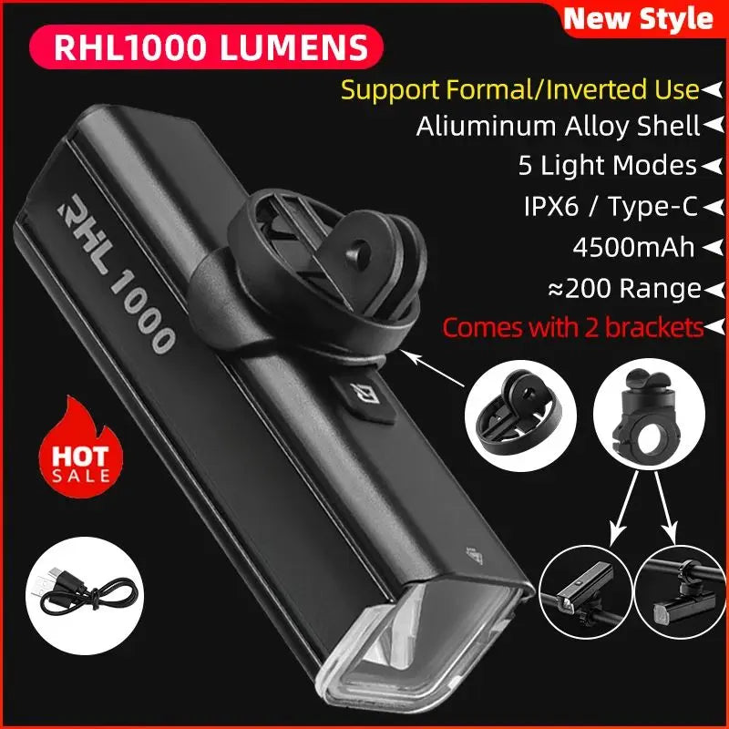 Bike Front Light 1000LM IPX6 Rechargeable Headlight