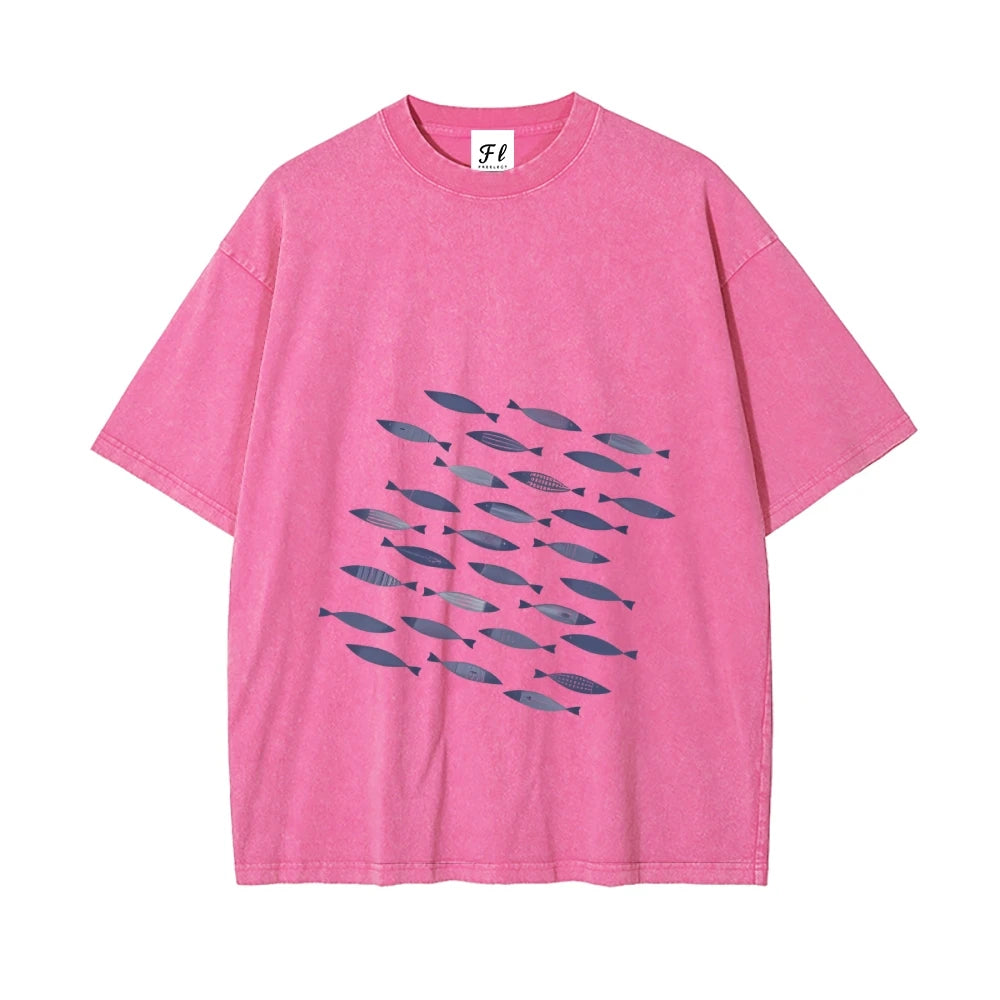 School Of Fish Printed Washed Cotton T Shirt Unisex
