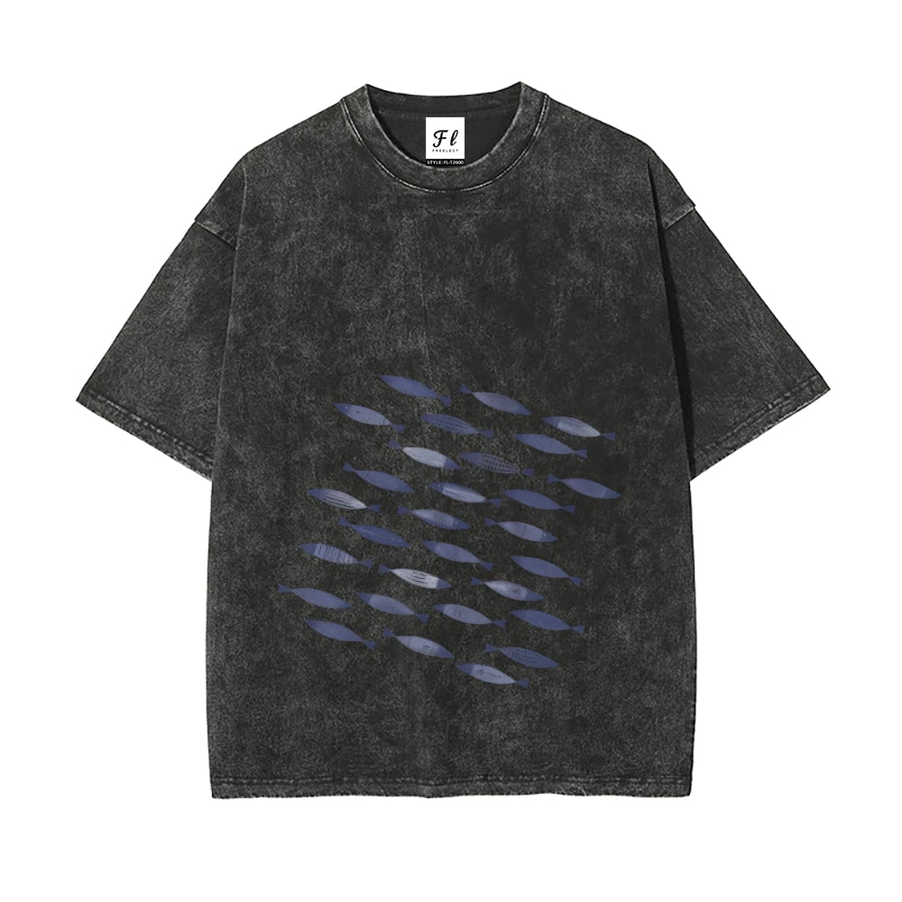 School Of Fish Printed Washed Cotton T Shirt Unisex
