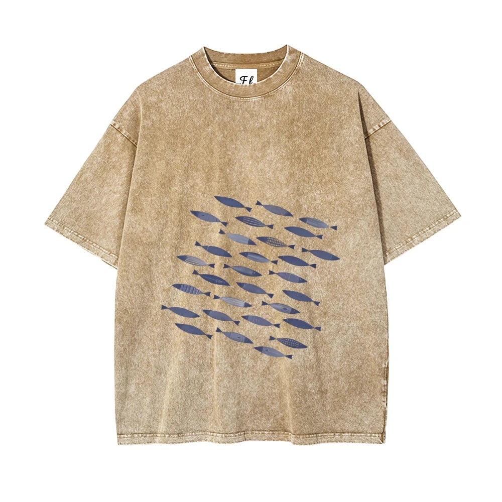 School Of Fish Printed Washed Cotton T Shirt Unisex