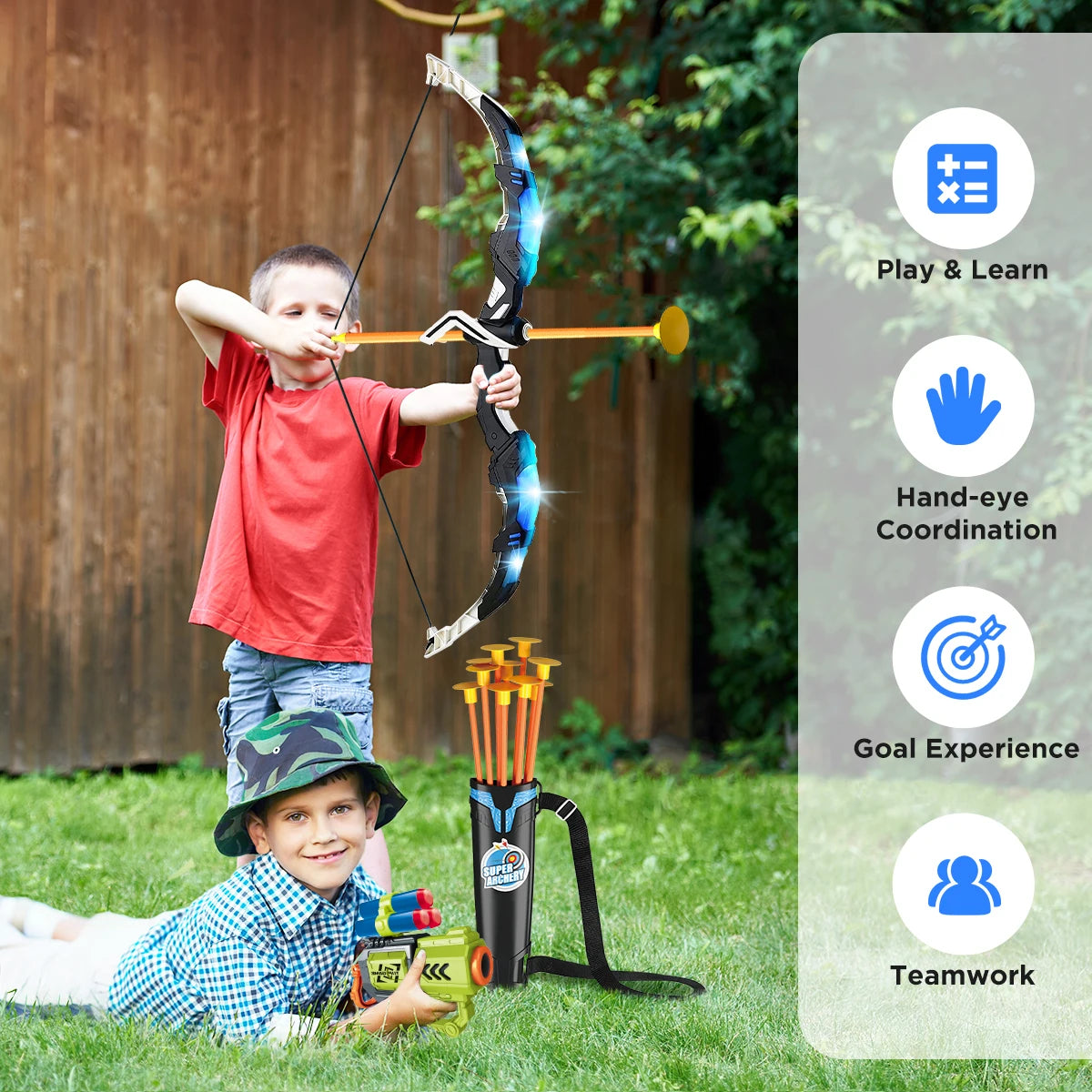 VATOS LED Bow and Arrow Toy for Kids with Dartboard